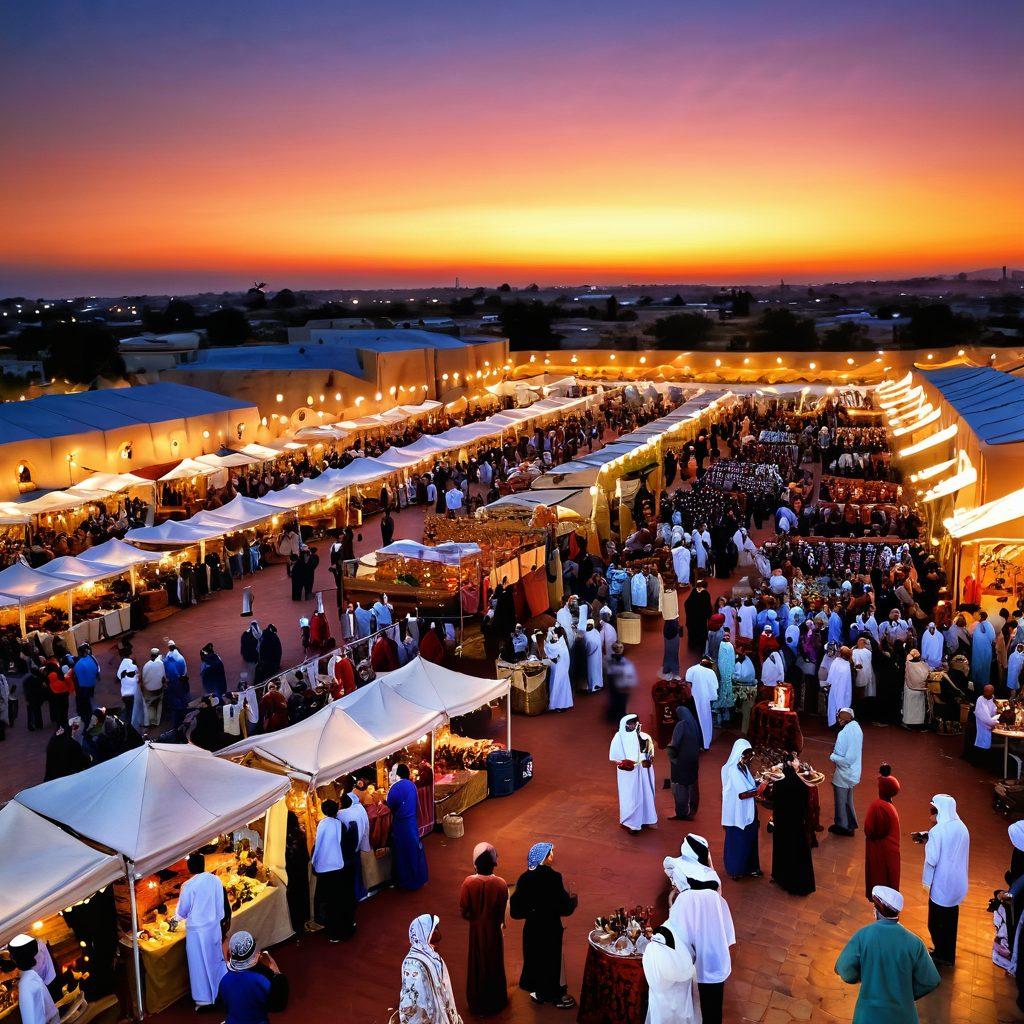 A bustling wine festival scene, showcasing Arabic wine enthusiasts enjoying a diverse selection of wines, adorned with traditional Arabic decorations and vibrant textiles. Include cultural elements like music, dance, and food stalls featuring regional delicacies, all under a sunset sky. Capture the joy and warmth of community celebration in rich, warm colors. super-realistic. vibrant colors. cultural ambiance.