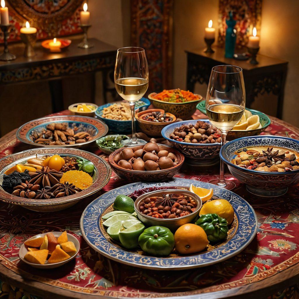 A beautifully set table featuring an array of traditional Arab dishes paired with elegant wine glasses filled with rich, vibrant wines. The table is adorned with colorful spices in decorative bowls, intricate patterns from Arabic textiles in the background, and warm ambient lighting that creates an inviting atmosphere. This scene reflects a fusion of culture and culinary artistry. super-realistic. vibrant colors. warm lighting.