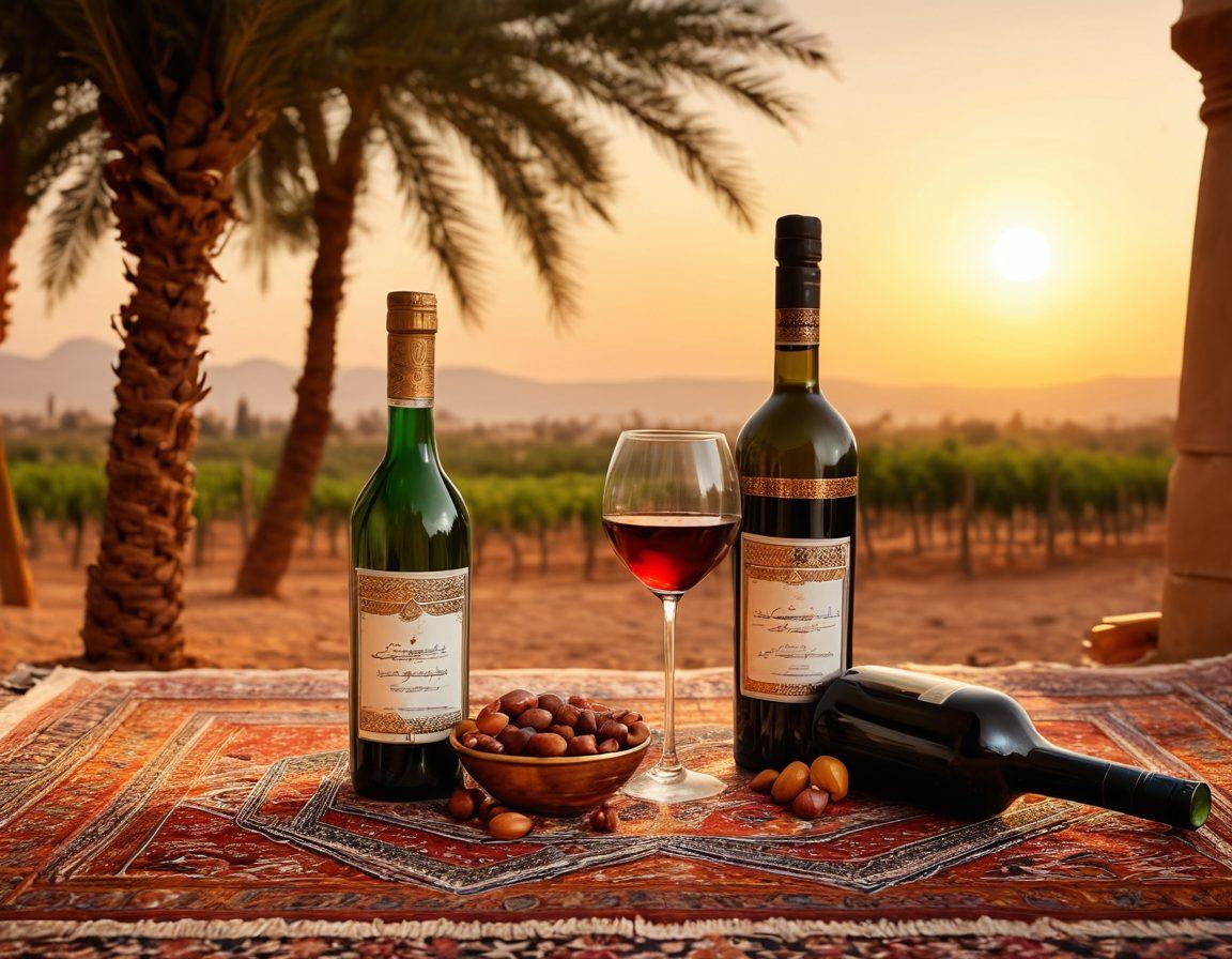 A picturesque landscape showcasing a traditional Arabic vineyard at sunset, with intricate patterns of Islamic architecture in the background. Include bottles of Arabic wine elegantly arranged on a woven rug, surrounded by delicacies like dates and nuts. Capture the essence of culture with vibrant colors, rich textures, and a warm, inviting atmosphere. painting. vibrant colors. soft focus.